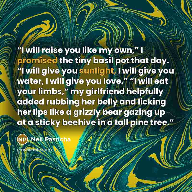 “I will raise you like my own,” I promised the tiny basil pot that day. “I will give you sunlight, I will give you water, I will give you love.” “I will eat your limbs,” my girlfriend helpfully added rubbing her belly and licking her lips like a grizzly bear gazing up at a sticky beehive in a tall…” quote by Neil Pasricha