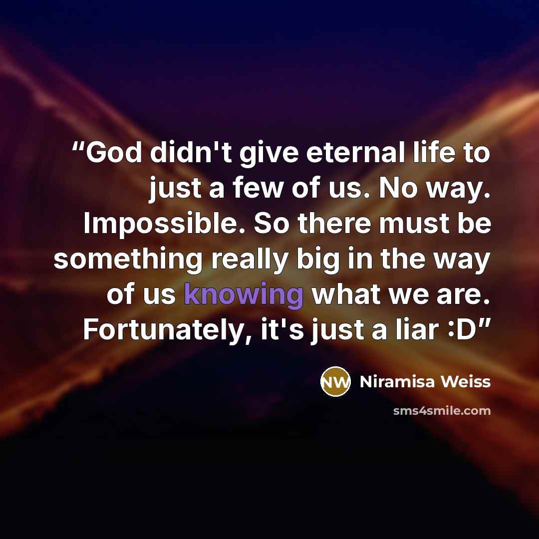 “God didn't give eternal life to just a few of us. No way. Impossible. So there must be something really big in the way of us knowing what we are. Fortunately, it's just a liar :D” quote by Niramisa Weiss