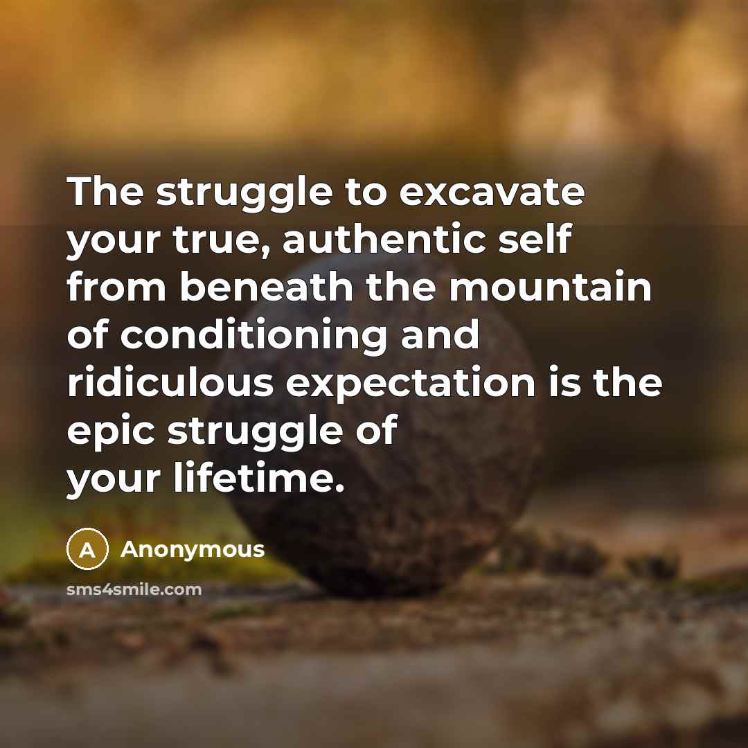 “The struggle to excavate your true, authentic self from beneath the mountain of conditioning and ridiculous expectation is the epic struggle of your lifetime.” quote by Anonymous