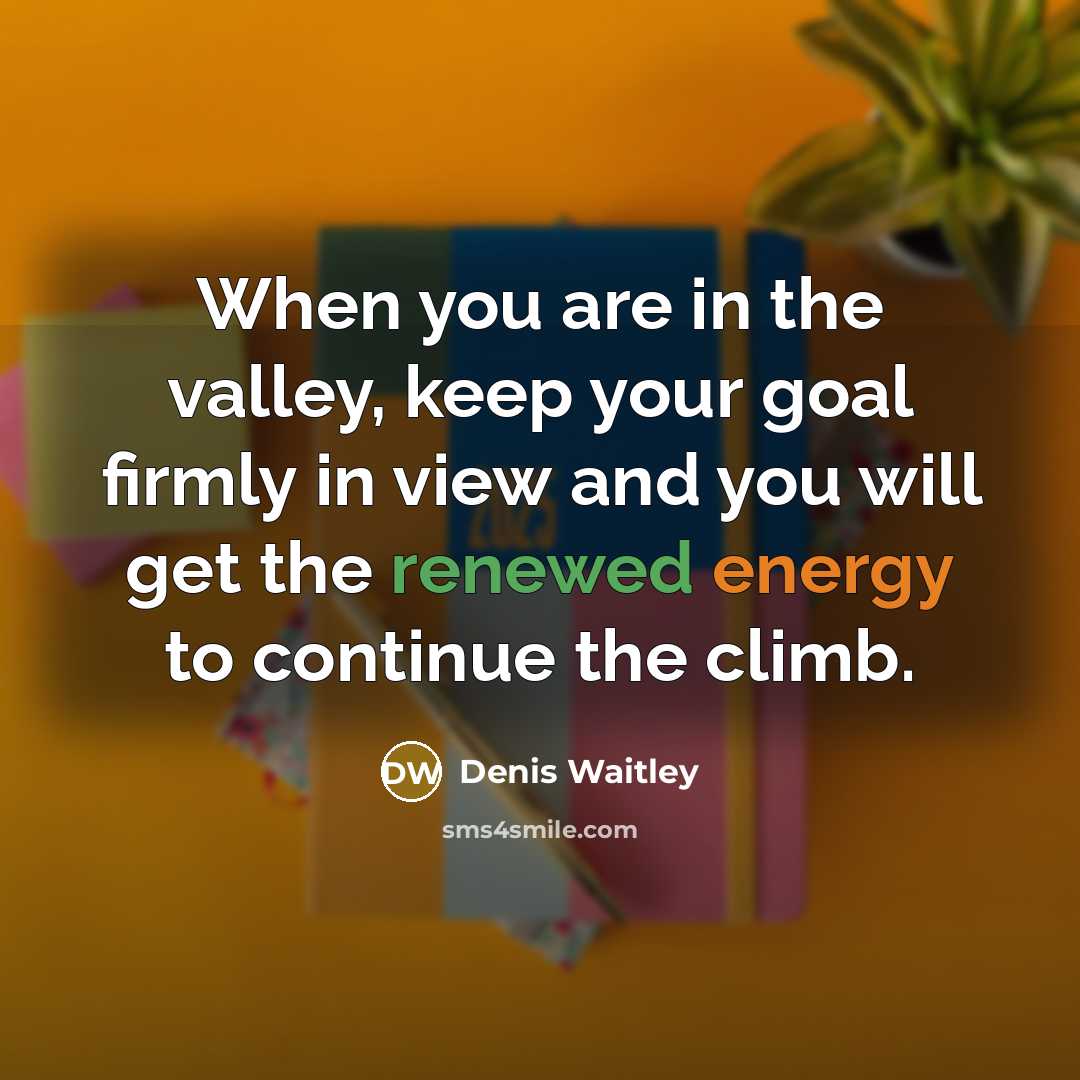 “When you are in the valley, keep your goal firmly in view and you will get the renewed energy to continue the climb.” quote by Denis Waitley