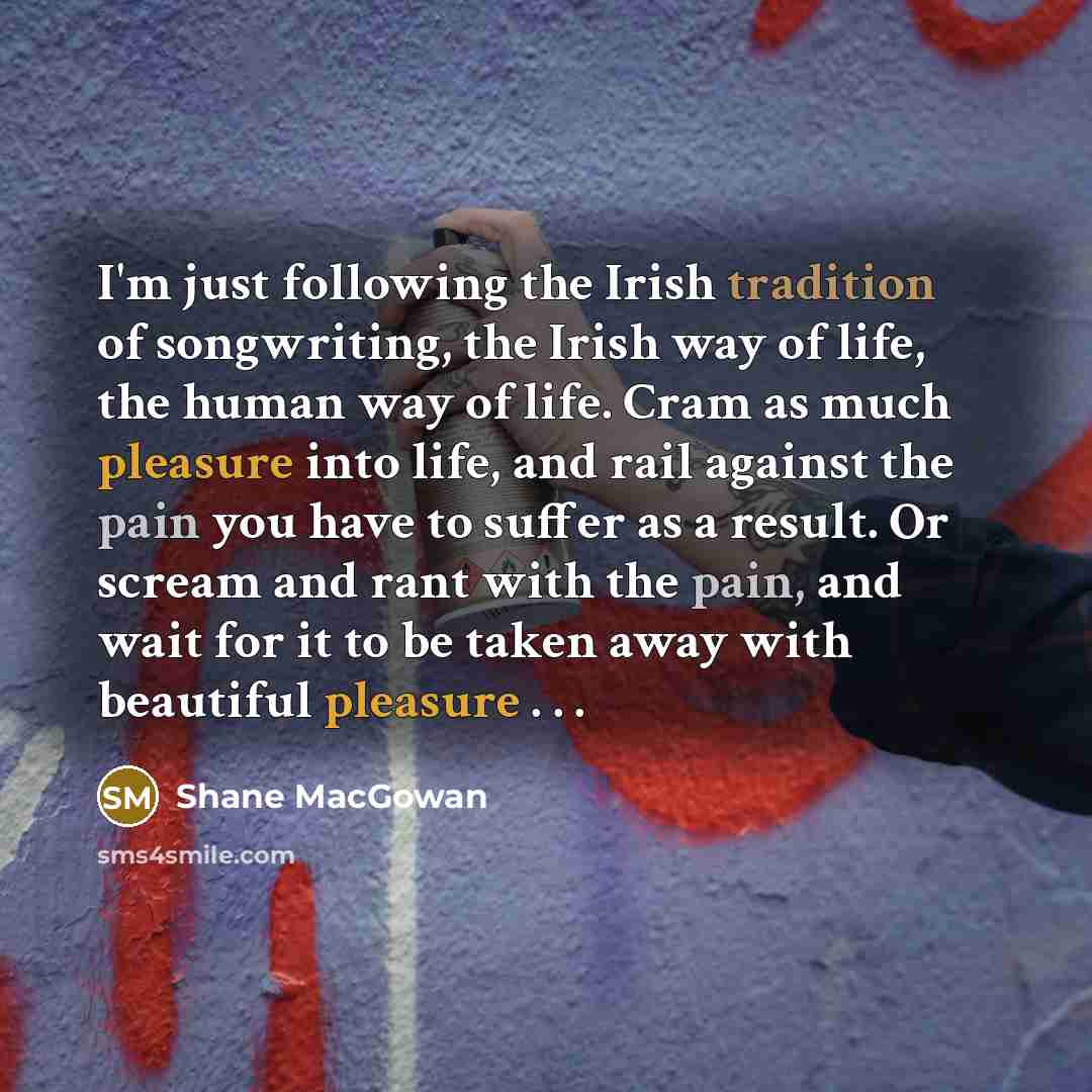 “I'm just following the Irish tradition of songwriting, the Irish way of life, the human way of life. Cram as much pleasure into life, and rail against the pain you have to suffer as a result. Or scream and rant with the pain, and wait for it to be taken away with beautiful pleasure . . .” quote by Shane MacGowan