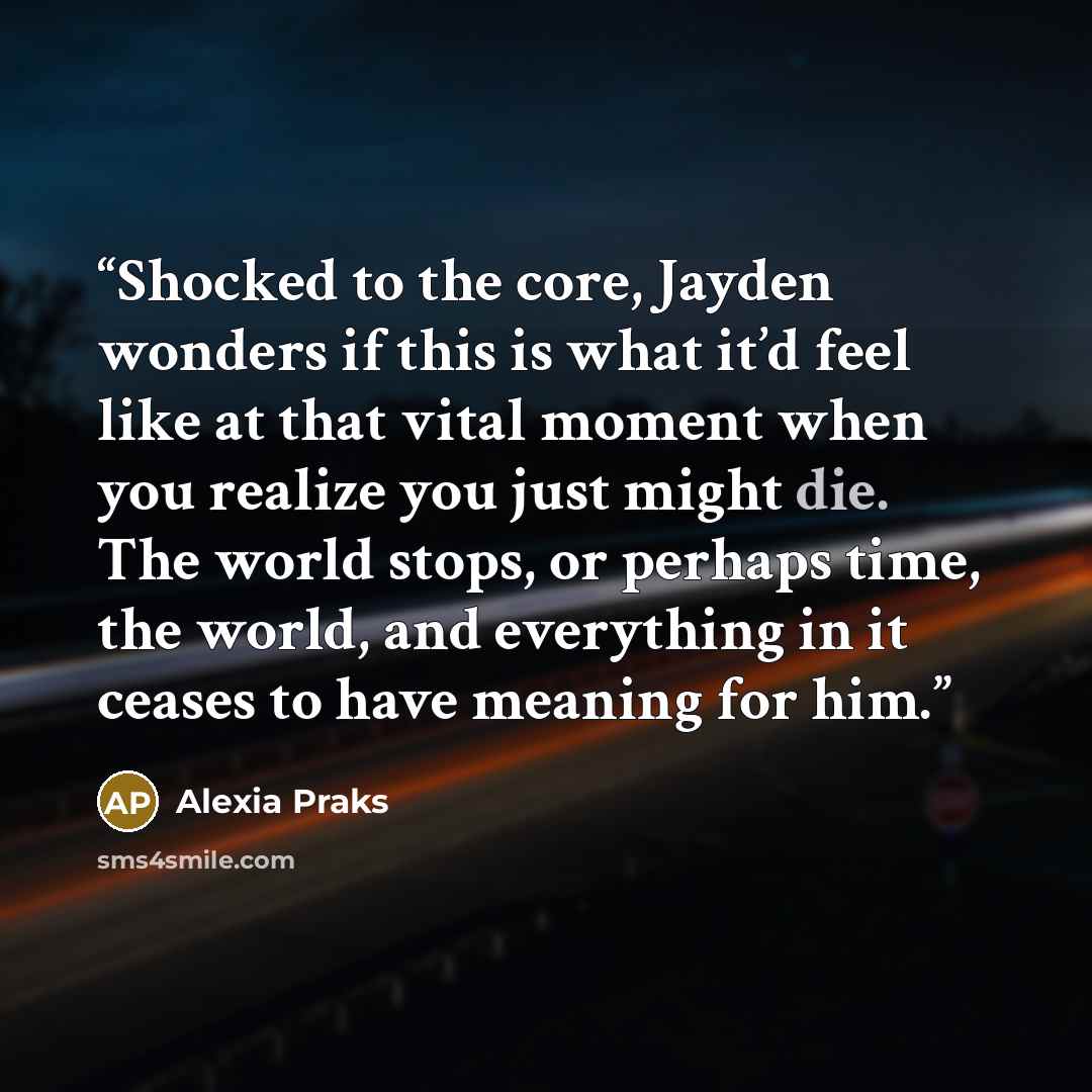 “Shocked to the core, Jayden wonders if this is what it’d feel like at that vital moment when you realize you just might die. The world stops, or perhaps time, the world, and everything in it ceases to have meaning for him.” quote by Alexia Praks