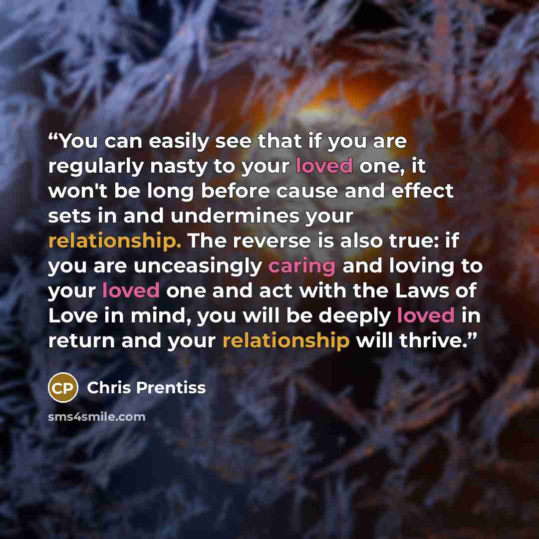 “You can easily see that if you are regularly nasty to your loved one, it won't be long before cause and effect sets in and undermines your relationship. The reverse is also true: if you are unceasingly caring and loving to your loved one and act with the Laws of Love in mind, you will be deeply…” quote by Chris Prentiss
