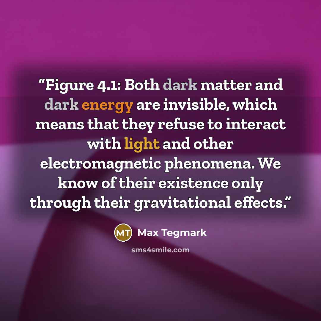 “Figure 4.1: Both dark matter and dark energy are invisible, which means that they refuse to interact with light and other electromagnetic phenomena. We know of their existence only through their gravitational effects.” quote by Max Tegmark
