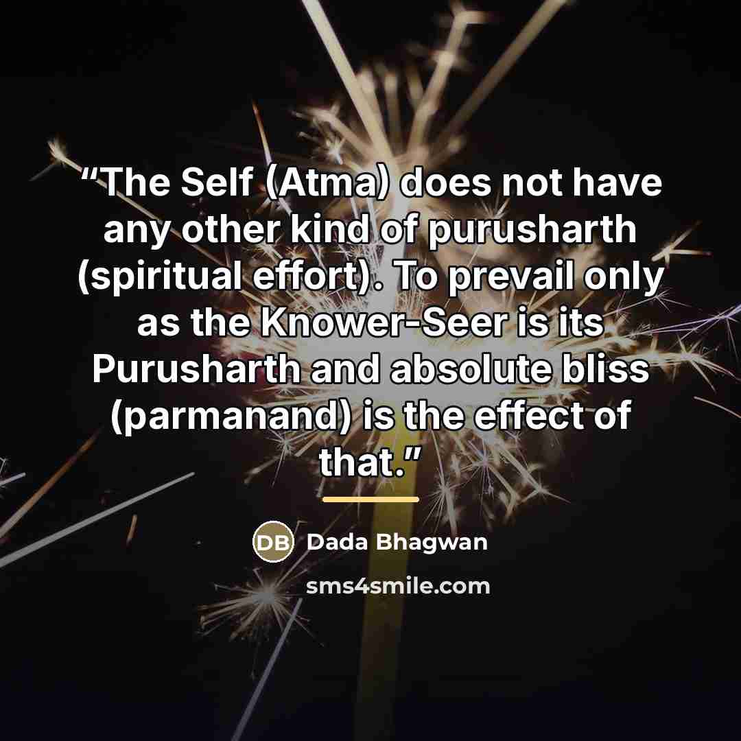 “The Self (Atma) does not have any other kind of purusharth (spiritual effort). To prevail only as the Knower-Seer is its Purusharth and absolute bliss (parmanand) is the effect of that.” quote by Dada Bhagwan