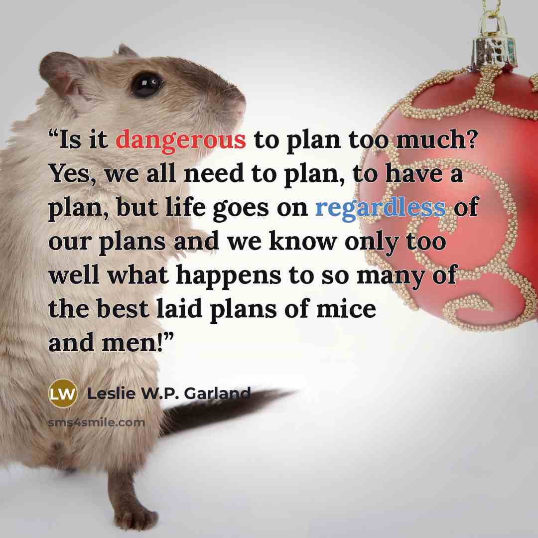“Is it dangerous to plan too much? Yes, we all need to plan, to have a plan, but life goes on regardless of our plans and we know only too well what happens to so many of the best laid plans of mice and men!” quote by Leslie W.P. Garland