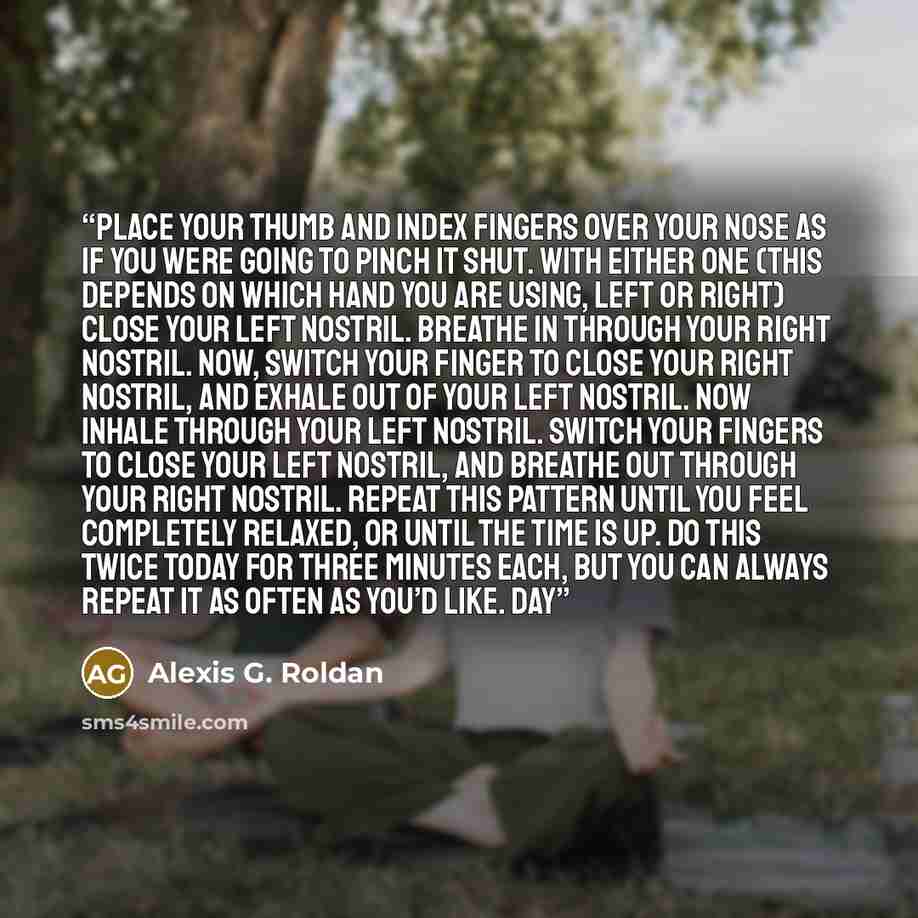 “Place your thumb and index fingers over your nose as if you were going to pinch it shut. With either one (this depends on which hand you are using, left or right) close your left nostril. Breathe in through your right nostril. Now, switch your finger to close your right nostril, and exhale out of…” quote by Alexis G. Roldan