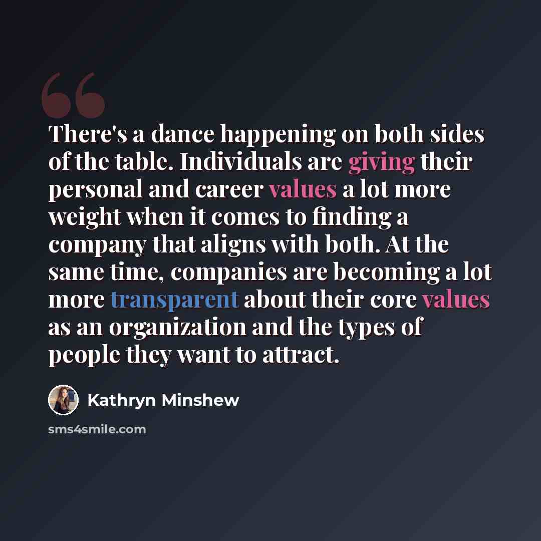 “There's a dance happening on both sides of the table. Individuals are giving their personal and career values a lot more weight when it comes to finding a company that aligns with both. At the same time, companies are becoming a lot more transparent about their core values as an organization and…” quote by Kathryn Minshew