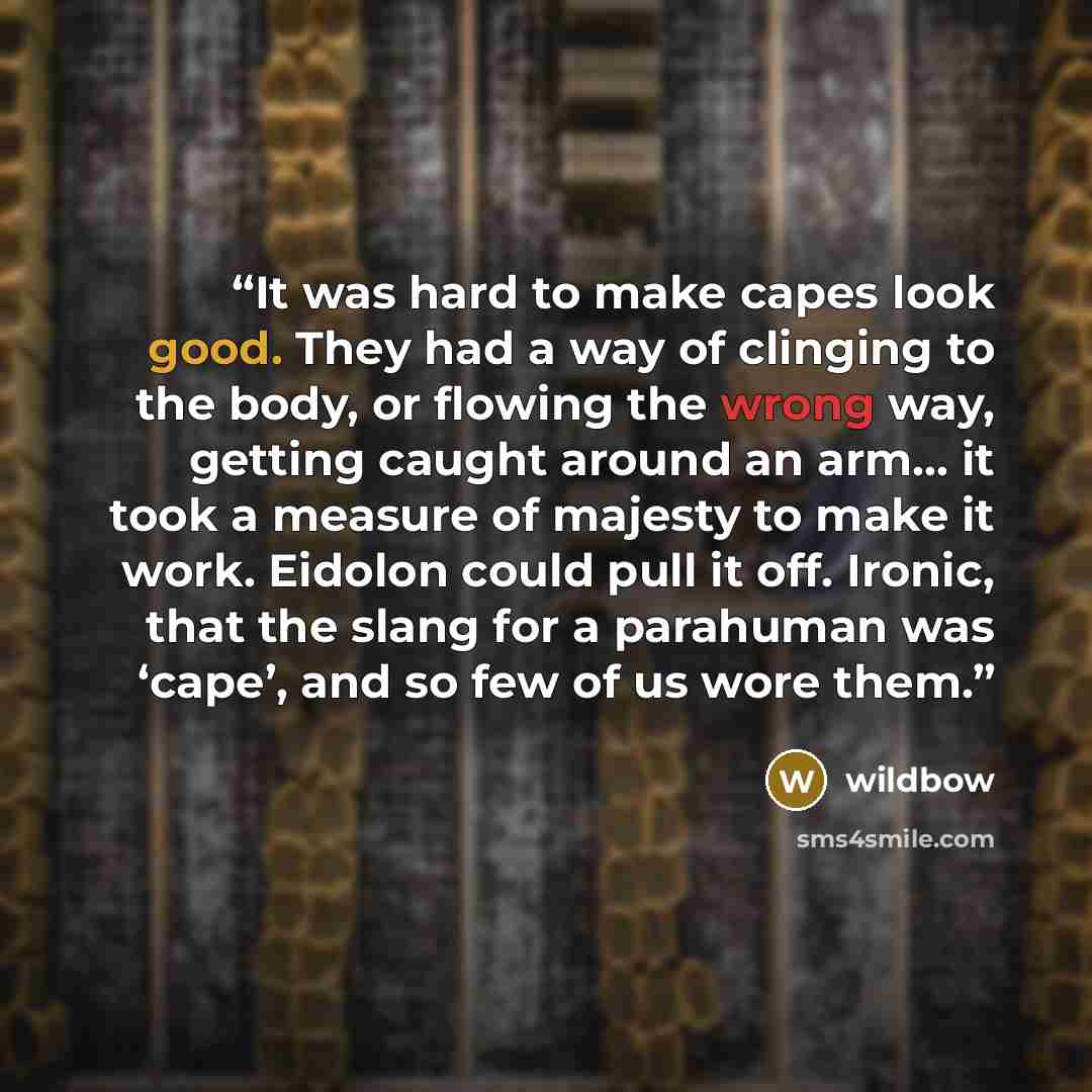 “It was hard to make capes look good. They had a way of clinging to the body, or flowing the wrong way, getting caught around an arm… it took a measure of majesty to make it work. Eidolon could pull it off. Ironic, that the slang for a parahuman was ‘cape’, and so few of us wore them.” quote by wildbow