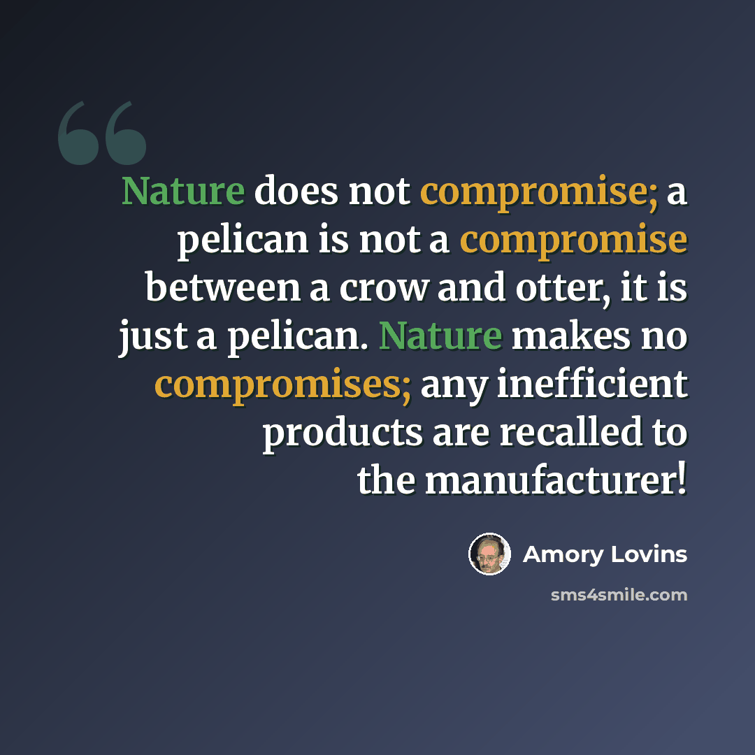“Nature does not compromise; a pelican is not a compromise between a crow and otter, it is just a pelican. Nature makes no compromises; any inefficient products are recalled to the manufacturer!” quote by Amory Lovins