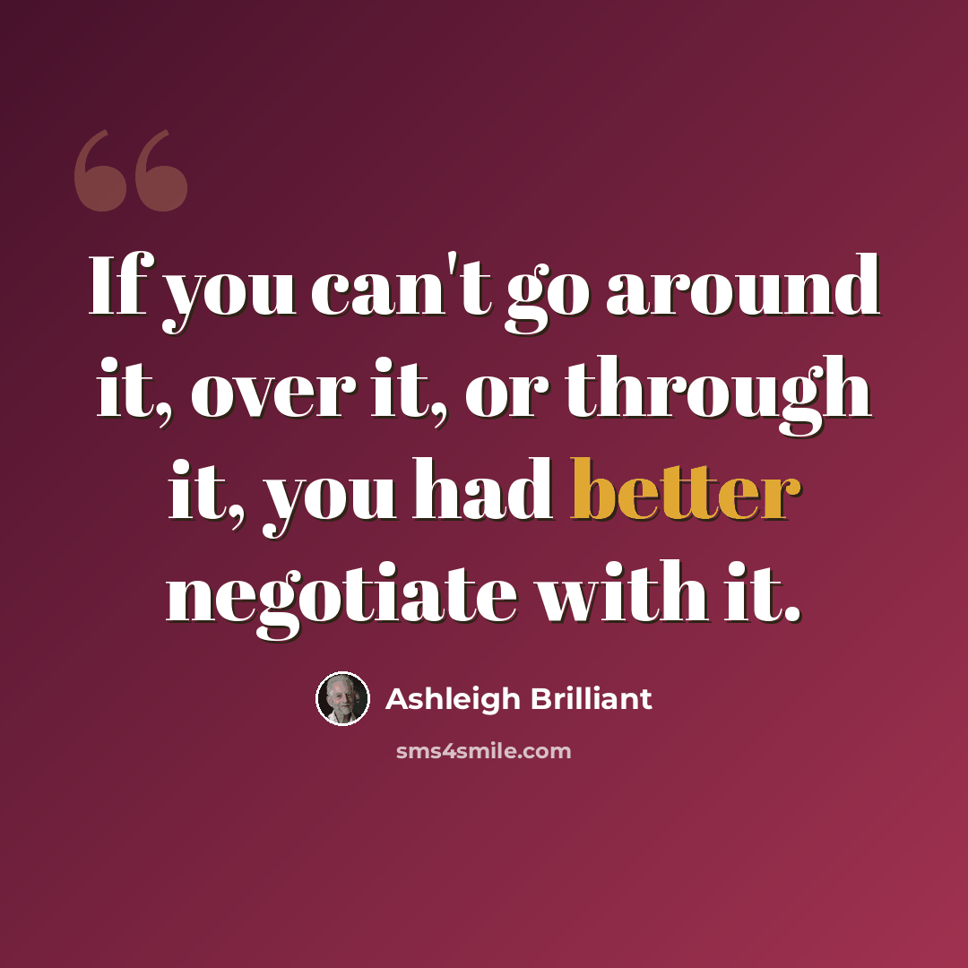 “If you can't go around it, over it, or through it, you had better negotiate with it.” quote by Ashleigh Brilliant