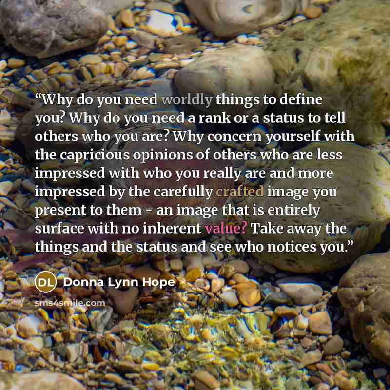 “Why do you need worldly things to define you? Why do you need a rank or a status to tell others who you are? Why concern yourself with the capricious opinions of others who are less impressed with who you really are and more impressed by the carefully crafted image you present to them - an image…” quote by Donna Lynn Hope