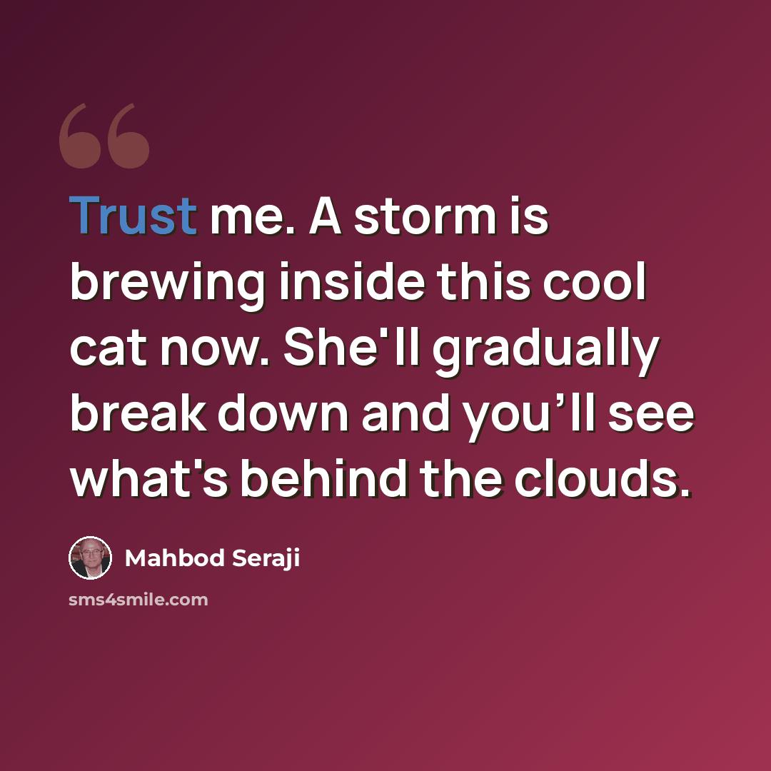 “Trust me. A storm is brewing inside this cool cat now. She'll gradually break down and you'll see what's behind the clouds.” quote by Mahbod Seraji
