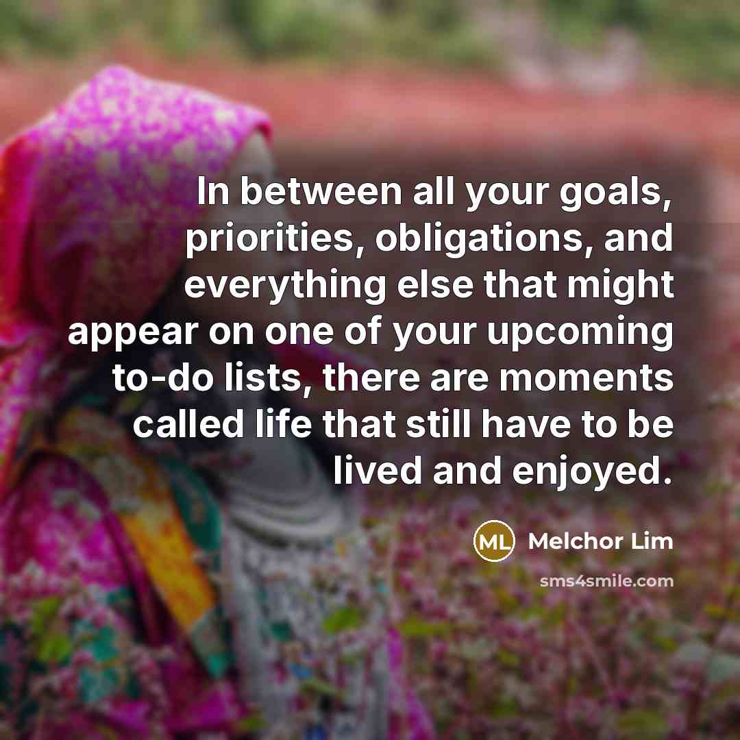 “In between all your goals, priorities, obligations, and everything else that might appear on one of your upcoming to-do lists, there are moments called life that still have to be lived and enjoyed.” quote by Melchor Lim