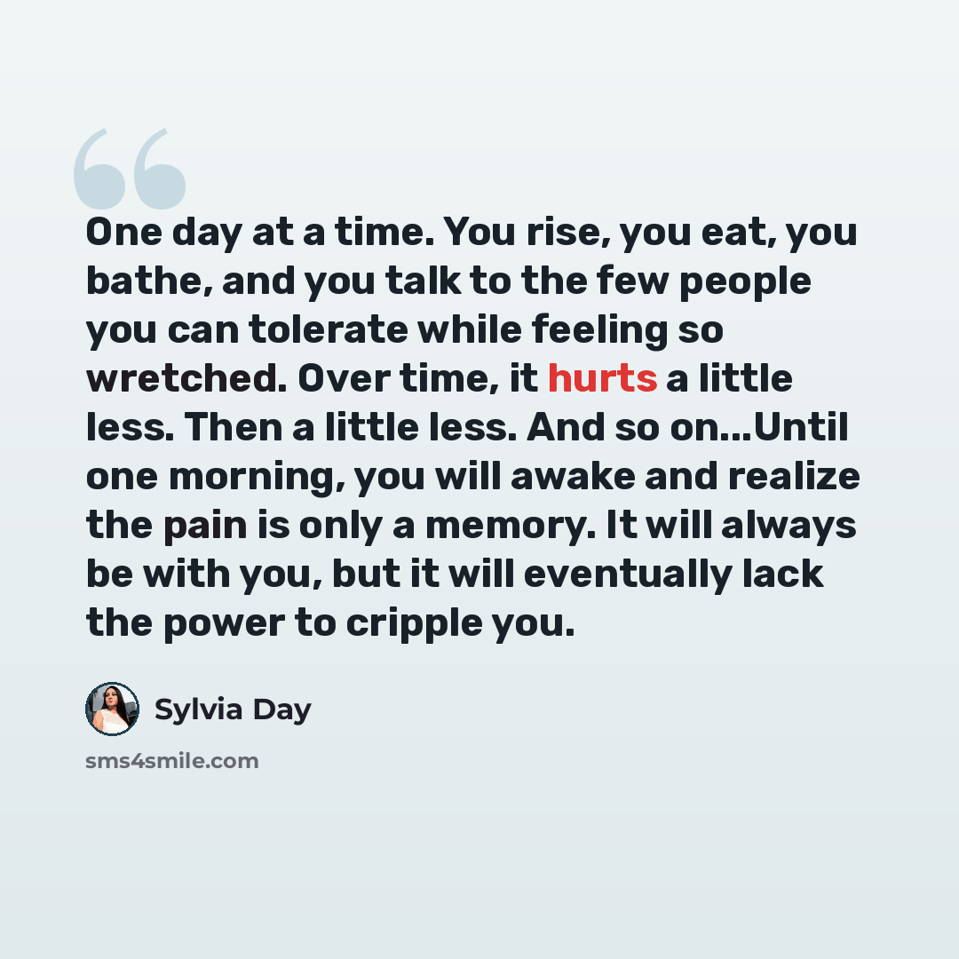 “One day at a time. You rise, you eat, you bathe, and you talk to the few people you can tolerate while feeling so wretched. Over time, it hurts a little less. Then a little less. And so on...Until one morning, you will awake and realize the pain is only a memory. It will always be with you, but it…” quote by Sylvia Day