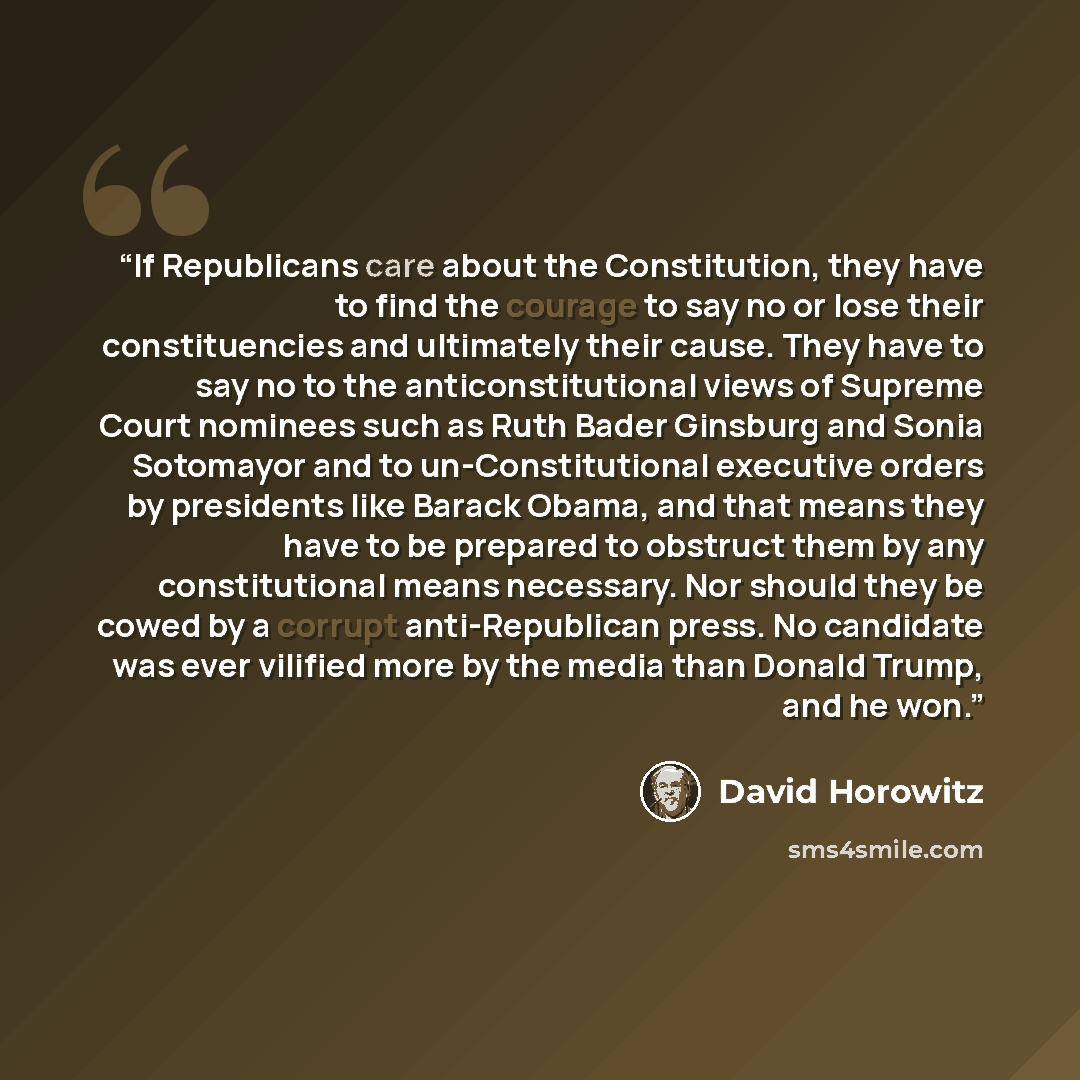 “If Republicans care about the Constitution, they have to find the courage to say no or lose their constituencies and ultimately their cause. They have to say no to the anticonstitutional views of Supreme Court nominees such as Ruth Bader Ginsburg and Sonia Sotomayor and to un-Constitutional…” quote by David Horowitz