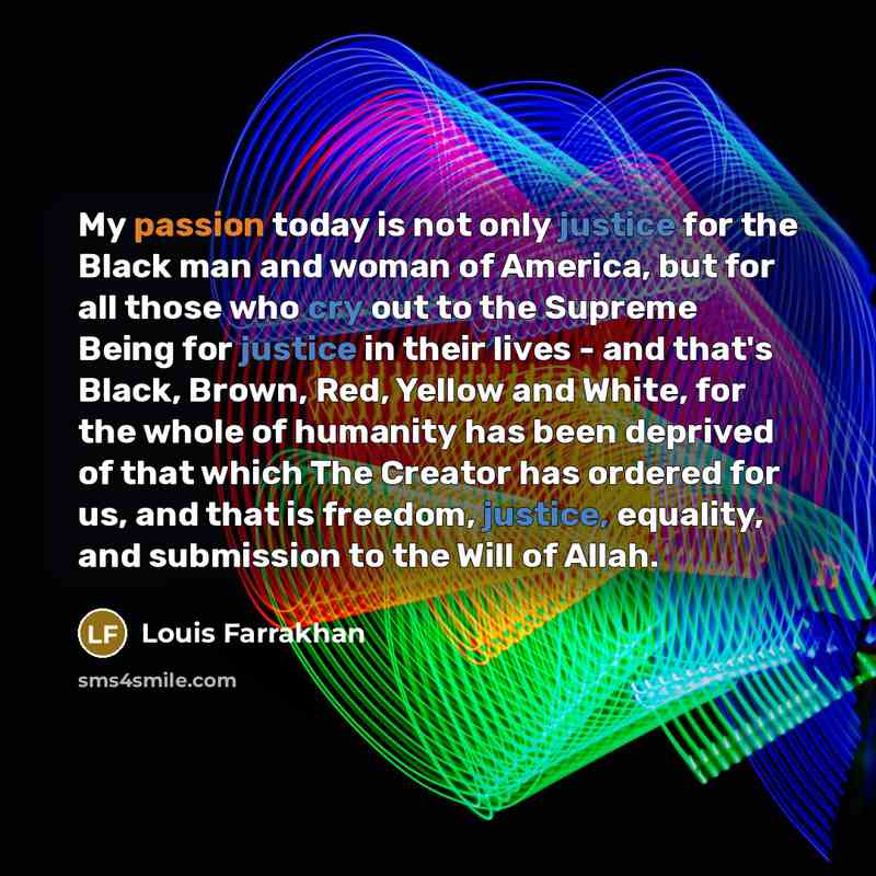 “My passion today is not only justice for the Black man and woman of America, but for all those who cry out to the Supreme Being for justice in their lives - and that's Black, Brown, Red, Yellow and White, for the whole of humanity has been deprived of that which The Creator has ordered for us, and…” quote by Louis Farrakhan