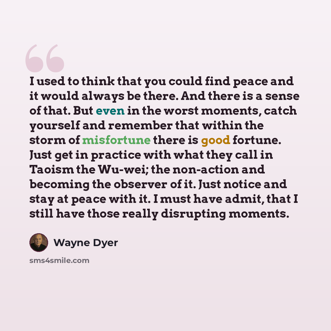 “I used to think that you could find peace and it would always be there. And there is a sense of that. But even in the worst moments, catch yourself and remember that within the storm of misfortune there is good fortune. Just get in practice with what they call in Taoism the Wu-wei; the non-action…” quote by Wayne Dyer