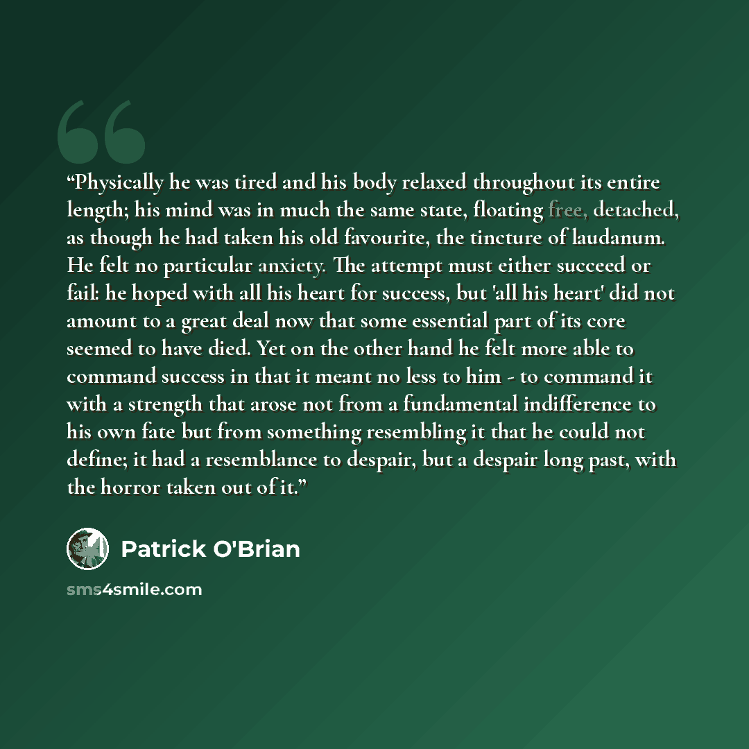 “Physically he was tired and his body relaxed throughout its entire length; his mind was in much the same state, floating free, detached, as though he had taken his old favourite, the tincture of laudanum. He felt no particular anxiety. The attempt must either succeed or fail: he hoped with all his…” quote by Patrick O'Brian