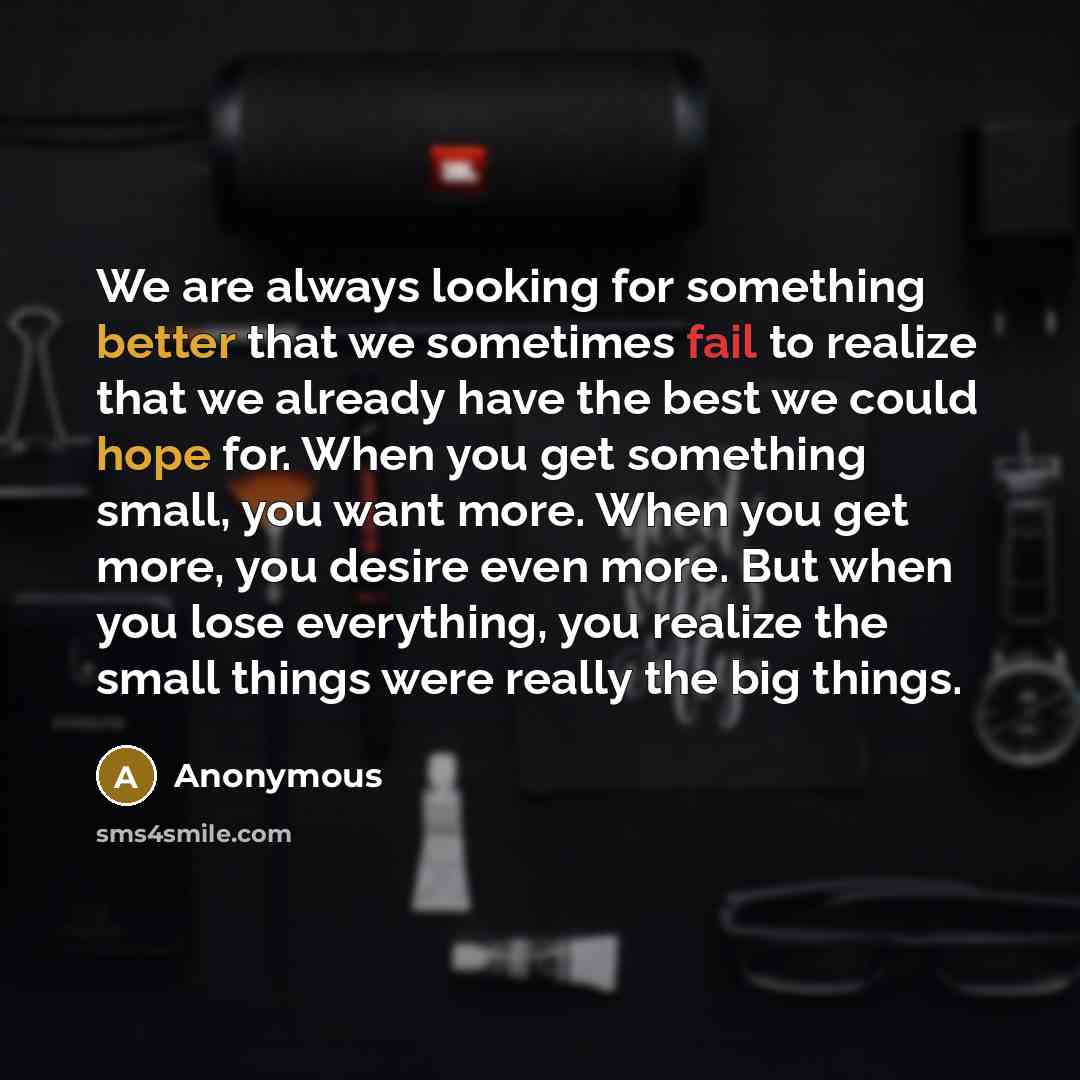 “We are always looking for something better that we sometimes fail to realize that we already have the best we could hope for. When you get something small, you want more. When you get more, you desire even more. But when you lose everything, you realize the small things were really the big things.” quote by Anonymous