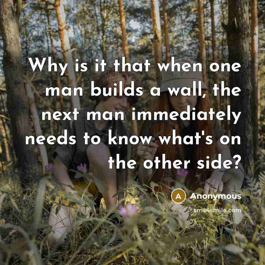“Why is it that when one man builds a wall, the next man immediately needs to know what's on the other side?” quote by Anonymous