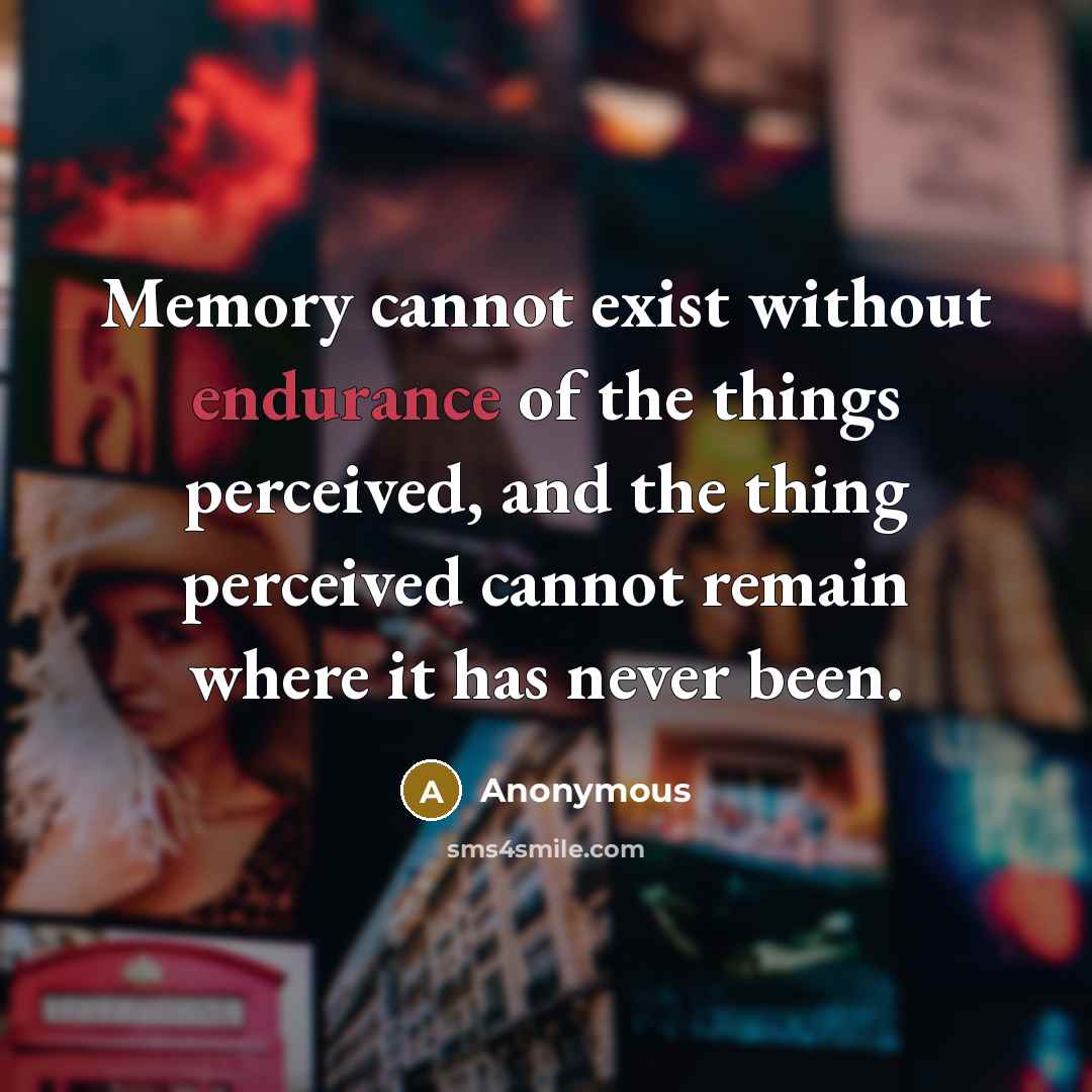 “Memory cannot exist without endurance of the things perceived, and the thing perceived cannot remain where it has never been.” quote by Anonymous