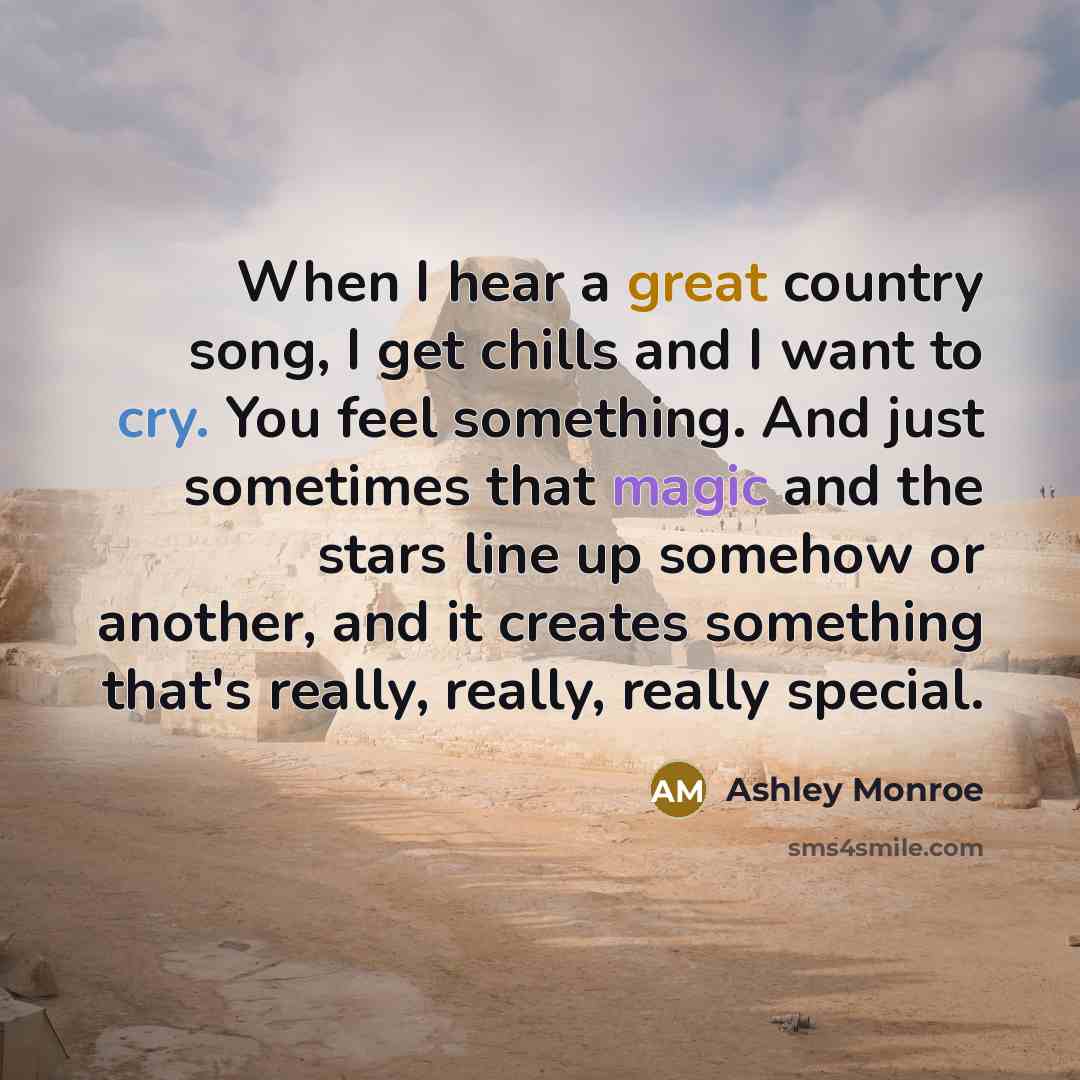 “When I hear a great country song, I get chills and I want to cry. You feel something. And just sometimes that magic and the stars line up somehow or another, and it creates something that's really, really, really special.” quote by Ashley Monroe