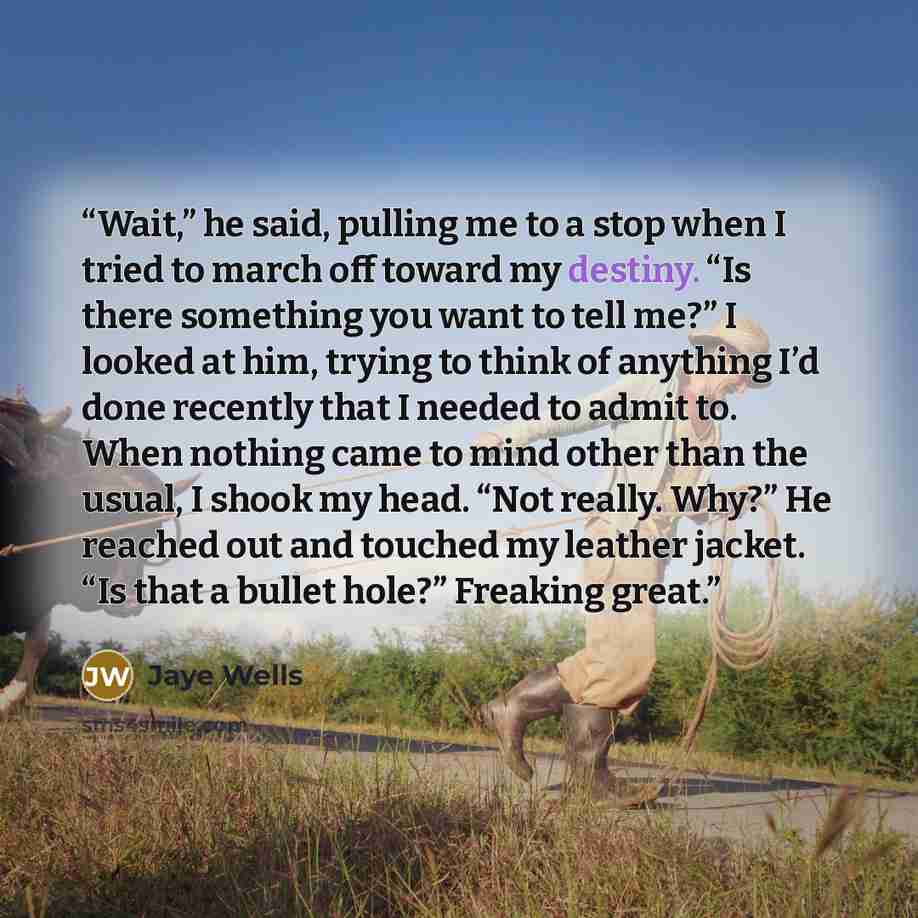 “Wait,” he said, pulling me to a stop when I tried to march off toward my destiny. “Is there something you want to tell me?” I looked at him, trying to think of anything I’d done recently that I needed to admit to. When nothing came to mind other than the usual, I shook my head. “Not really. Why?”…” quote by Jaye Wells