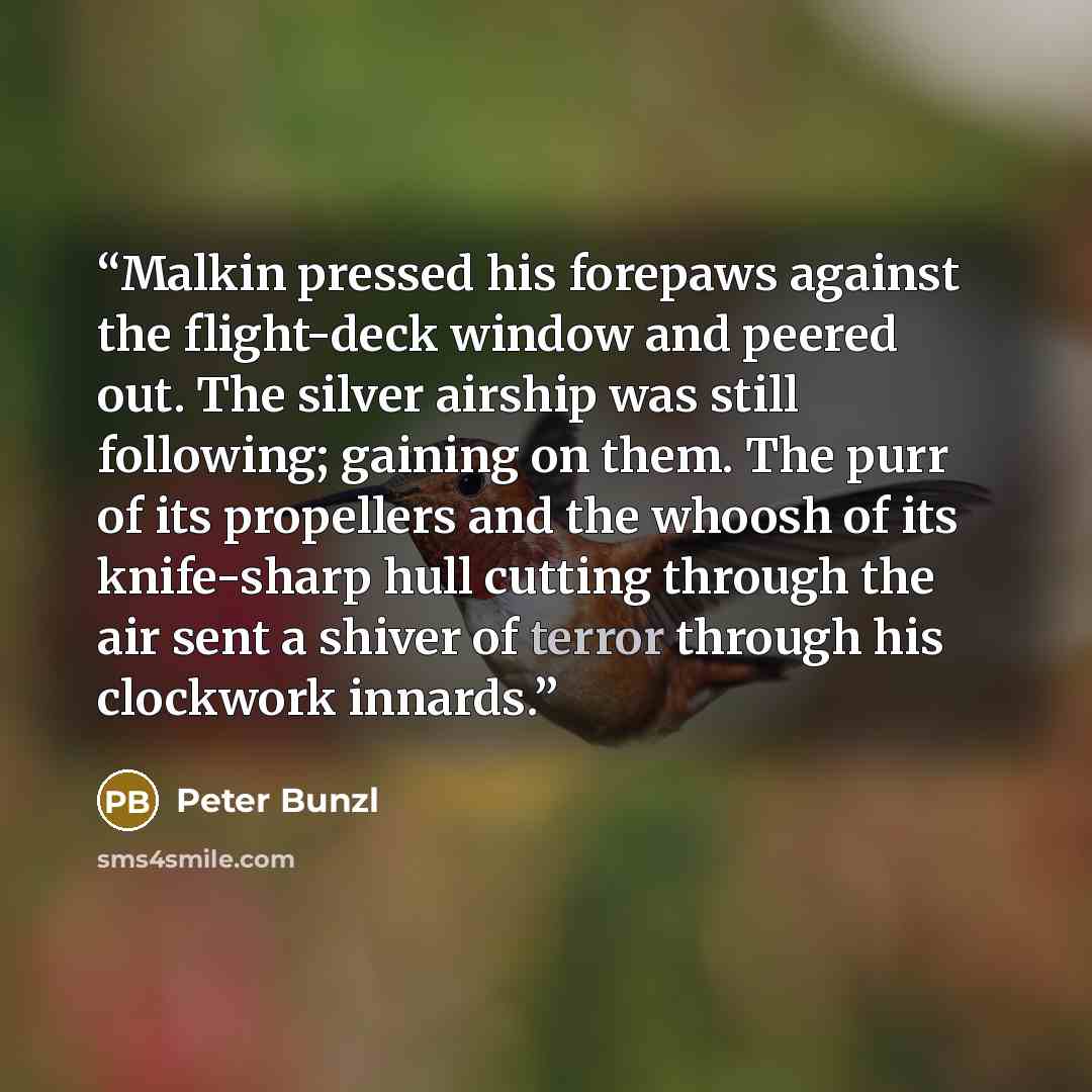 “Malkin pressed his forepaws against the flight-deck window and peered out. The silver airship was still following; gaining on them. The purr of its propellers and the whoosh of its knife-sharp hull cutting through the air sent a shiver of terror through his clockwork innards.” quote by Peter Bunzl