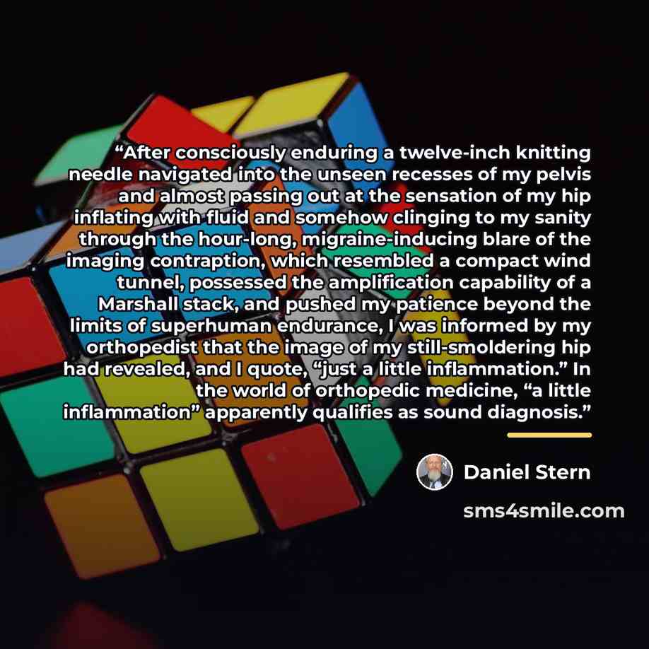 “After consciously enduring a twelve-inch knitting needle navigated into the unseen recesses of my pelvis and almost passing out at the sensation of my hip inflating with fluid and somehow clinging to my sanity through the hour-long, migraine-inducing blare of the imaging contraption, which…” quote by Daniel Stern