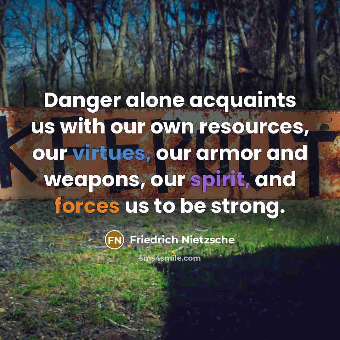 “Danger alone acquaints us with our own resources, our virtues, our armor and weapons, our spirit, and forces us to be strong.” quote by Friedrich Nietzsche