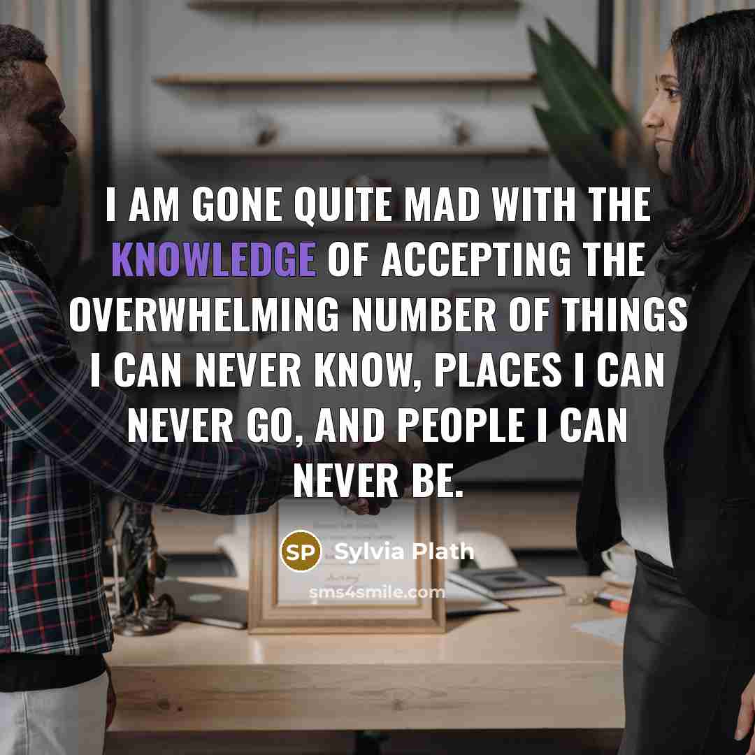 “I am gone quite mad with the knowledge of accepting the overwhelming number of things I can never know, places I can never go, and people I can never be.” quote by Sylvia Plath