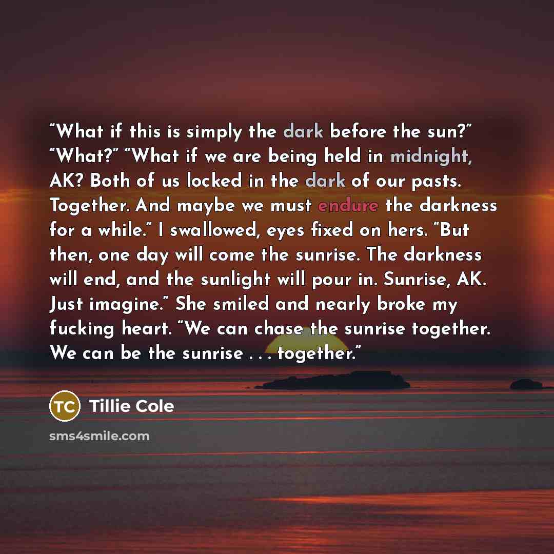 “What if this is simply the dark before the sun?” “What?” “What if we are being held in midnight, AK? Both of us locked in the dark of our pasts. Together. And maybe we must endure the darkness for a while.” I swallowed, eyes fixed on hers. “But then, one day will come the sunrise. The darkness…” quote by Tillie Cole