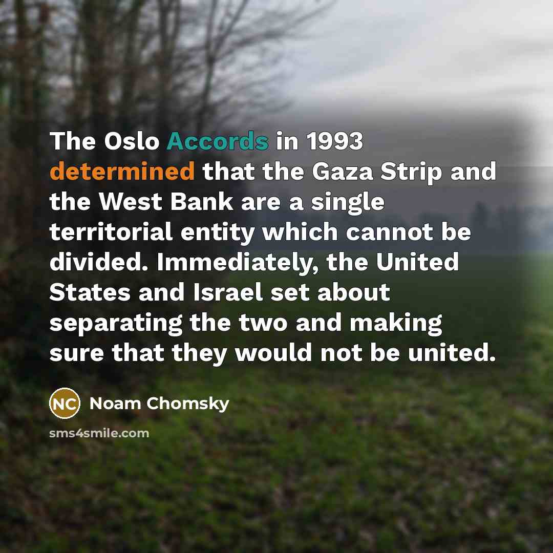 “The Oslo Accords in 1993 determined that the Gaza Strip and the West Bank are a single territorial entity which cannot be divided. Immediately, the United States and Israel set about separating the two and making sure that they would not be united.” quote by Noam Chomsky