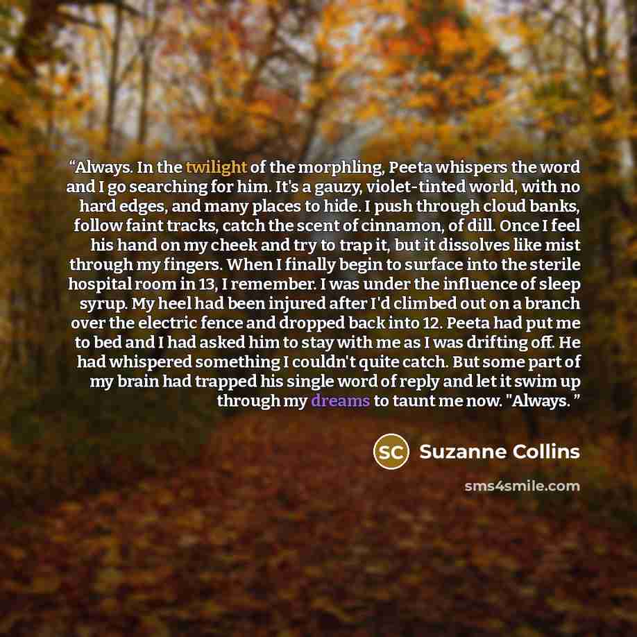 “Always. In the twilight of the morphling, Peeta whispers the word and I go searching for him. It's a gauzy, violet-tinted world, with no hard edges, and many places to hide. I push through cloud banks, follow faint tracks, catch the scent of cinnamon, of dill. Once I feel his hand on my cheek and…” quote by Suzanne Collins