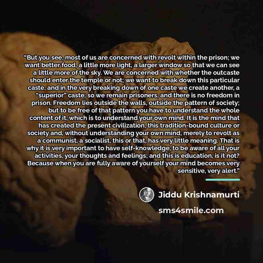 “But you see, most of us are concerned with revolt within the prison; we want better food, a little more light, a larger window so that we can see a little more of the sky. We are concerned with whether the outcaste should enter the temple or not; we want to break down this particular caste, and in…” quote by Jiddu Krishnamurti