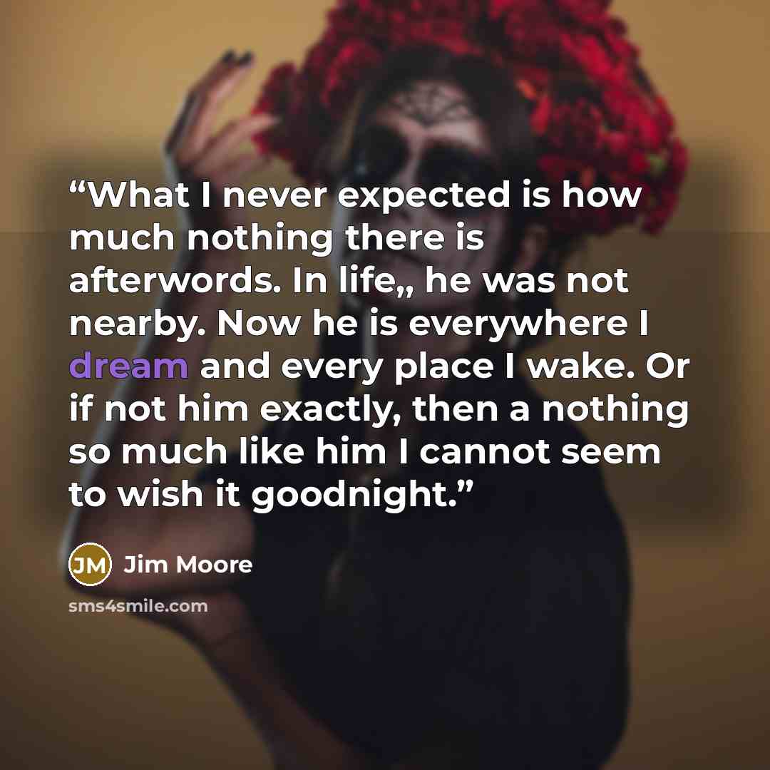 “What I never expected is how much nothing there is afterwords. In life,, he was not nearby. Now he is everywhere I dream and every place I wake. Or if not him exactly, then a nothing so much like him I cannot seem to wish it goodnight.” quote by Jim Moore