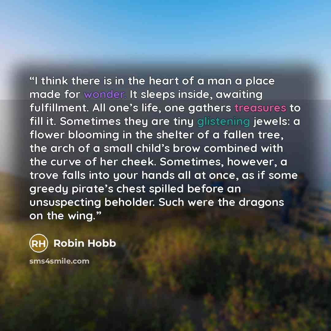 “I think there is in the heart of a man a place made for wonder. It sleeps inside, awaiting fulfillment. All one’s life, one gathers treasures to fill it. Sometimes they are tiny glistening jewels: a flower blooming in the shelter of a fallen tree, the arch of a small child’s brow combined with the…” quote by Robin Hobb