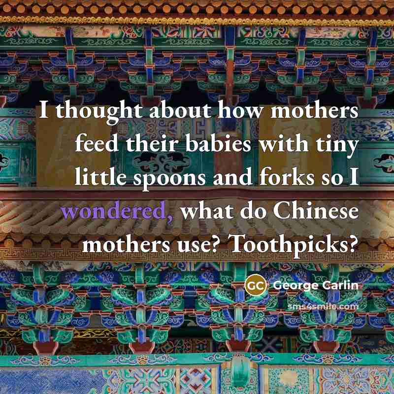 “I thought about how mothers feed their babies with tiny little spoons and forks so I wondered, what do Chinese mothers use? Toothpicks?” quote by George Carlin