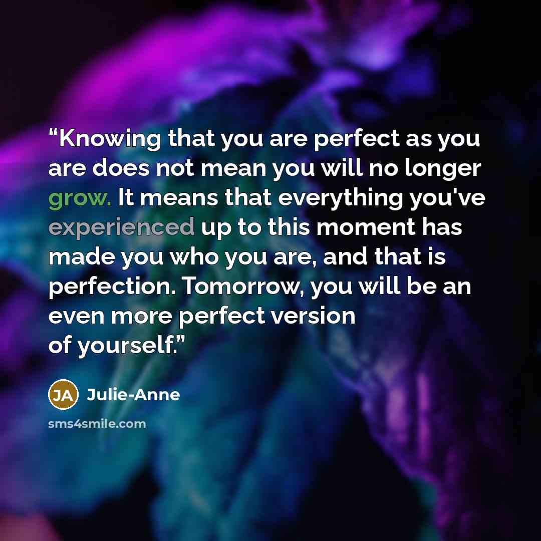“Knowing that you are perfect as you are does not mean you will no longer grow. It means that everything you've experienced up to this moment has made you who you are, and that is perfection. Tomorrow, you will be an even more perfect version of yourself.” quote by Julie-Anne