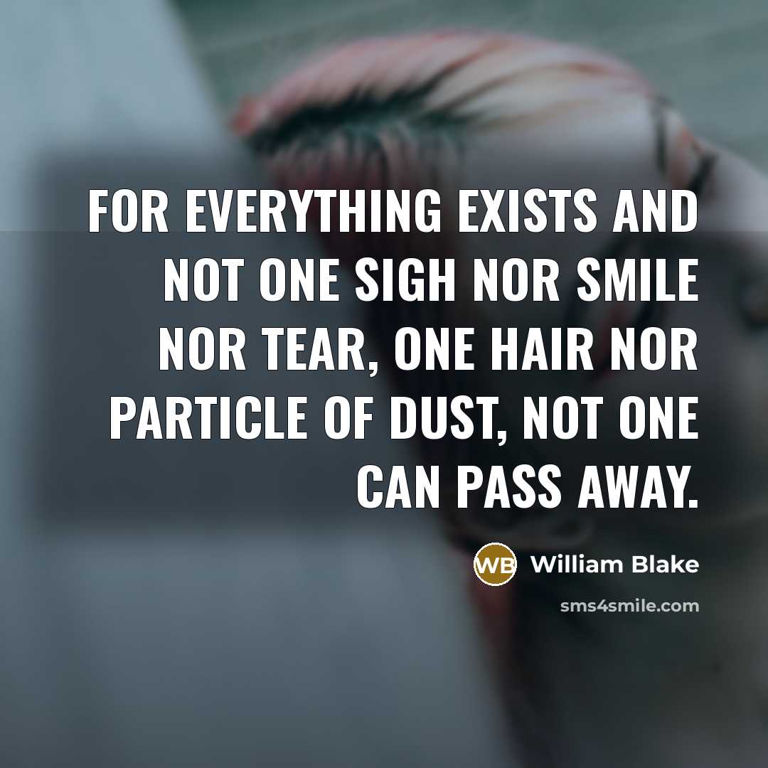 “For everything exists and not one sigh nor smile nor tear, one hair nor particle of dust, not one can pass away.” quote by William Blake
