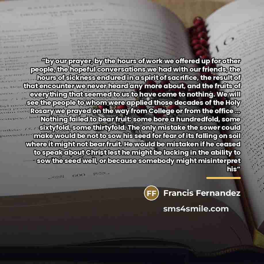 “by our prayer, by the hours of work we offered up for other people, the hopeful conversations we had with our friends, the hours of sickness endured in a spirit of sacrifice, the result of that encounter we never heard any more about, and the fruits of everything that seemed to us to have come to…” quote by Francis Fernandez