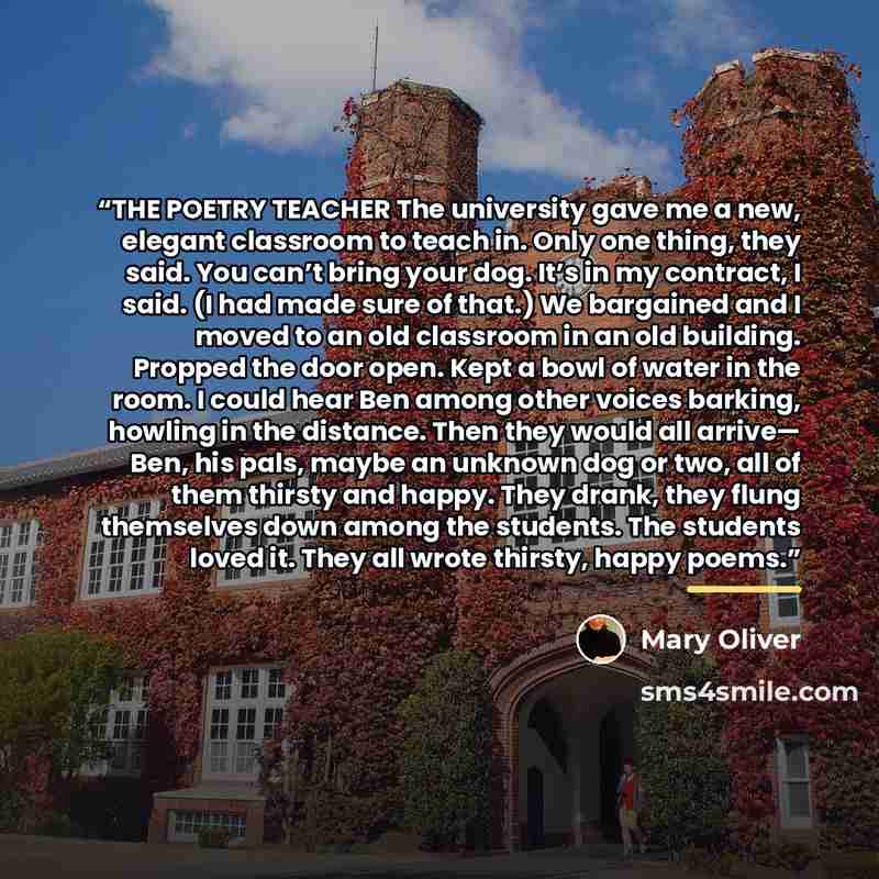 “THE POETRY TEACHER The university gave me a new, elegant classroom to teach in. Only one thing, they said. You can’t bring your dog. It’s in my contract, I said. (I had made sure of that.) We bargained and I moved to an old classroom in an old building. Propped the door open. Kept a bowl of water…” quote by Mary Oliver