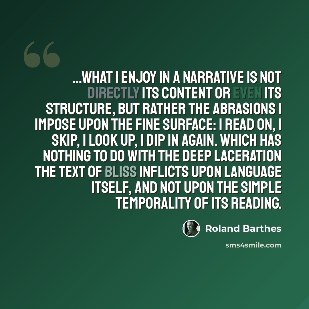 “...what I enjoy in a narrative is not directly its content or even its structure, but rather the abrasions I impose upon the fine surface: I read on, I skip, I look up, I dip in again. Which has nothing to do with the deep laceration the text of bliss inflicts upon language itself, and not upon…” quote by Roland Barthes