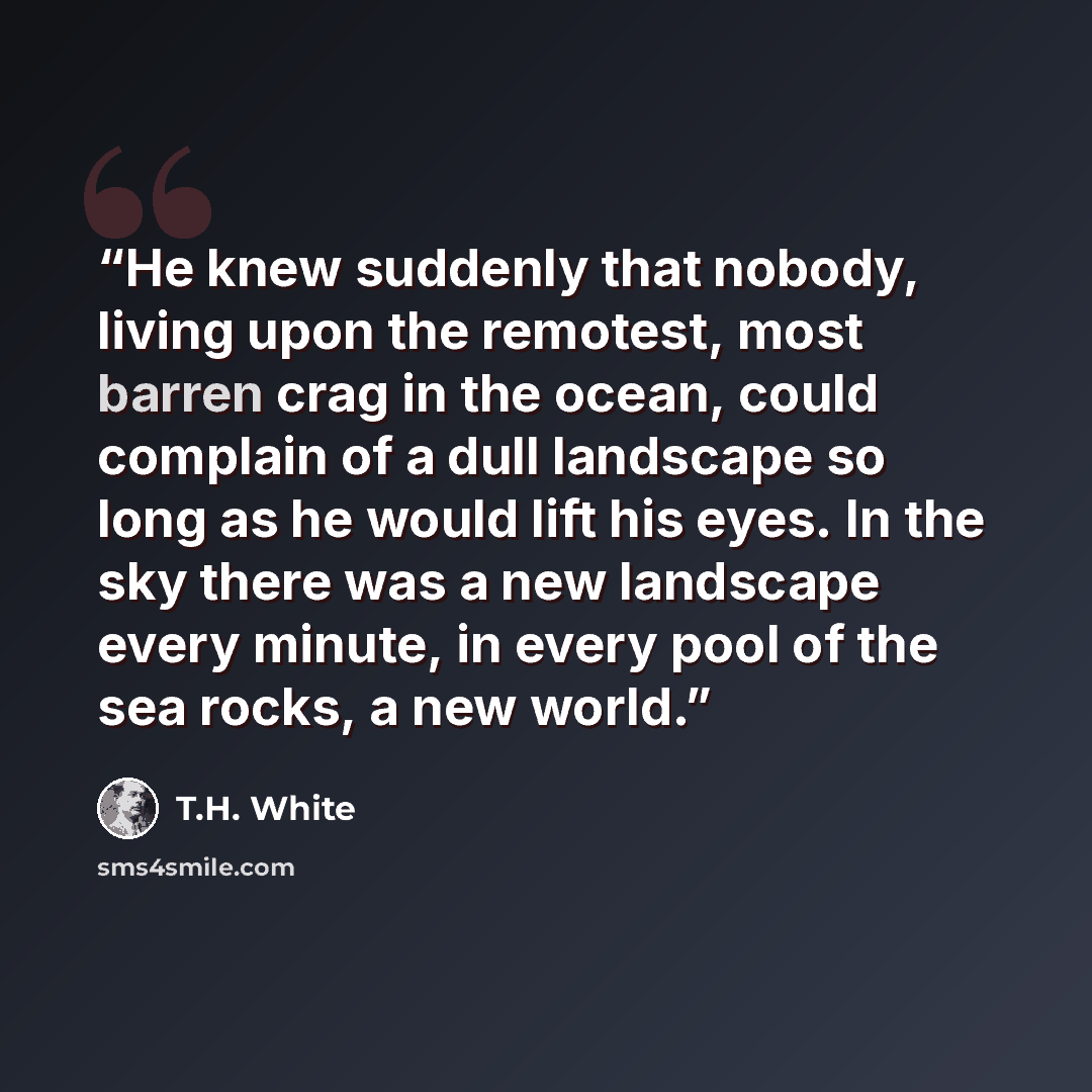 “He knew suddenly that nobody, living upon the remotest, most barren crag in the ocean, could complain of a dull landscape so long as he would lift his eyes. In the sky there was a new landscape every minute, in every pool of the sea rocks, a new world.” quote by T.H. White