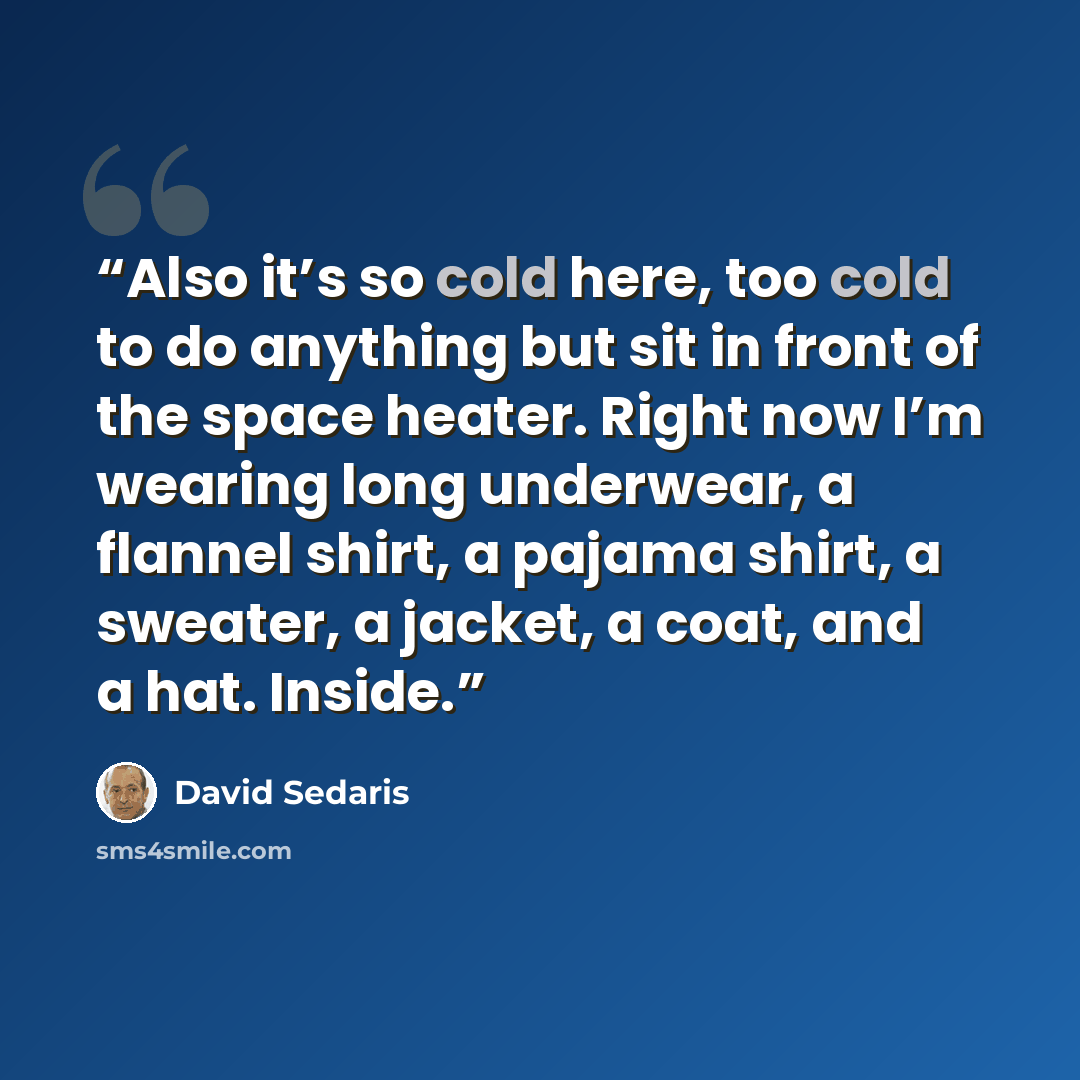 “Also it’s so cold here, too cold to do anything but sit in front of the space heater. Right now I’m wearing long underwear, a flannel shirt, a pajama shirt, a sweater, a jacket, a coat, and a hat. Inside.” quote by David Sedaris