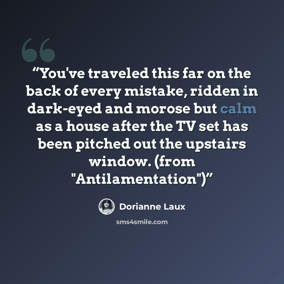 “You've traveled this far on the back of every mistake, ridden in dark-eyed and morose but calm as a house after the TV set has been pitched out the upstairs window. (from "Antilamentation")” quote by Dorianne Laux