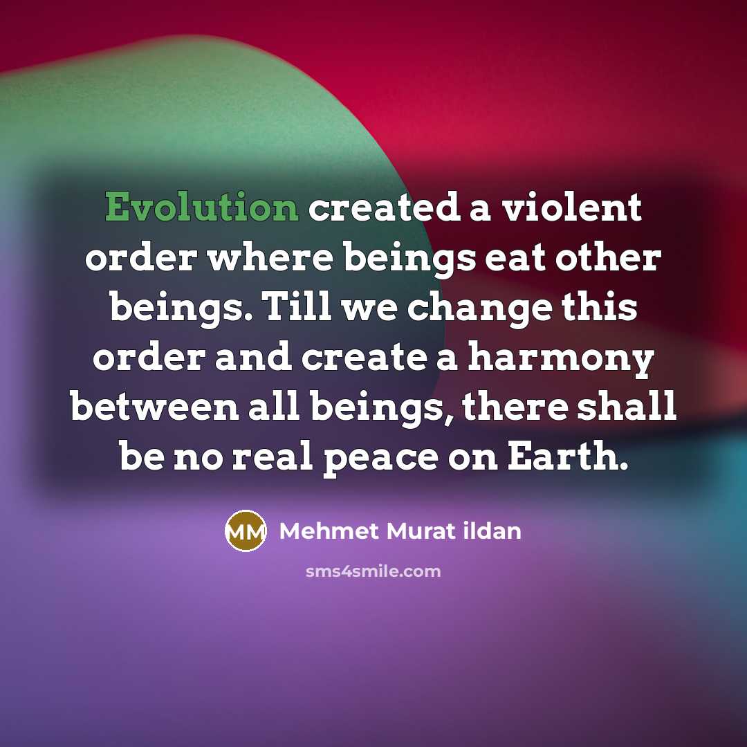 “Evolution created a violent order where beings eat other beings. Till we change this order and create a harmony between all beings, there shall be no real peace on Earth.” quote by Mehmet Murat Ildan