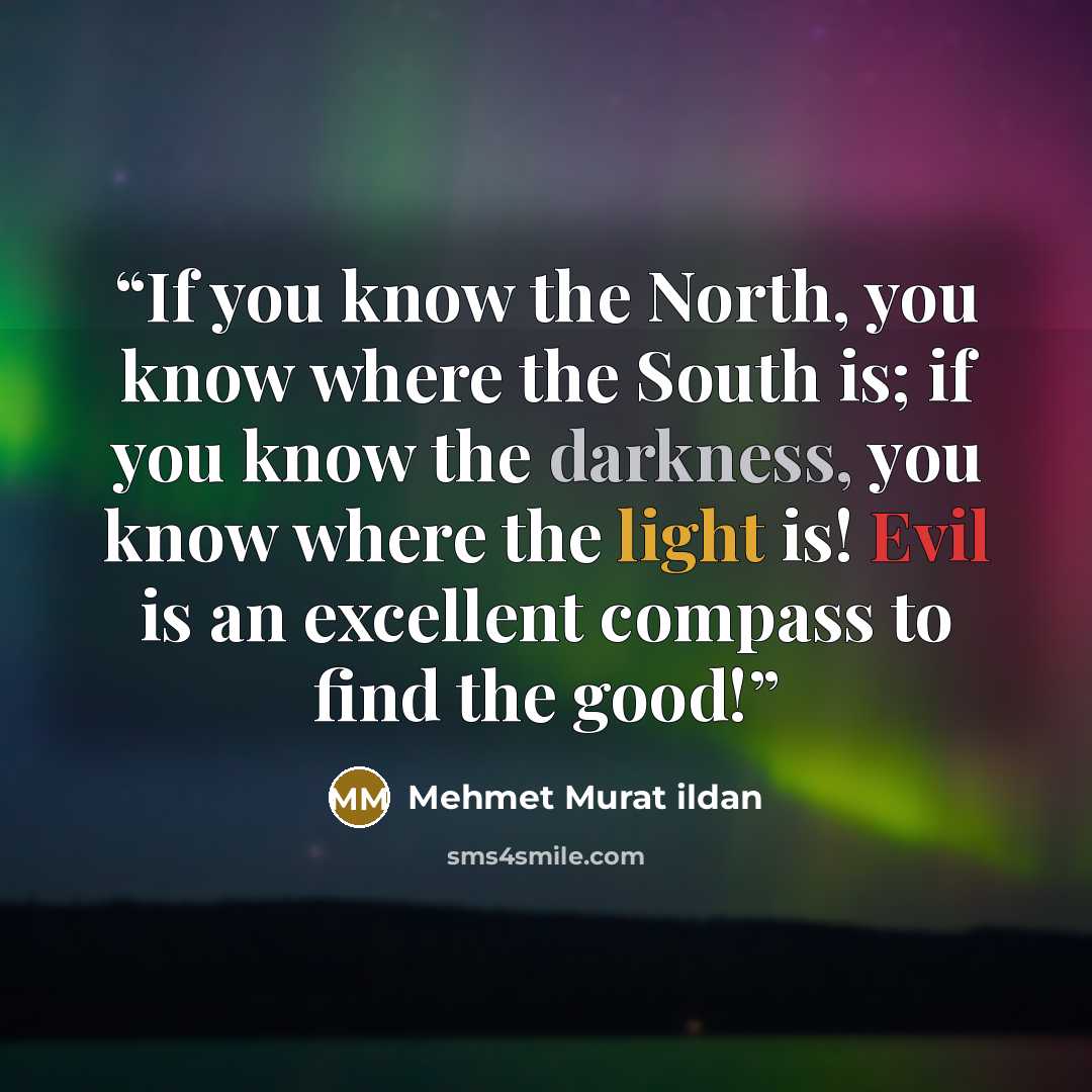 “If you know the North, you know where the South is; if you know the darkness, you know where the light is! Evil is an excellent compass to find the good!” quote by Mehmet Murat ildan