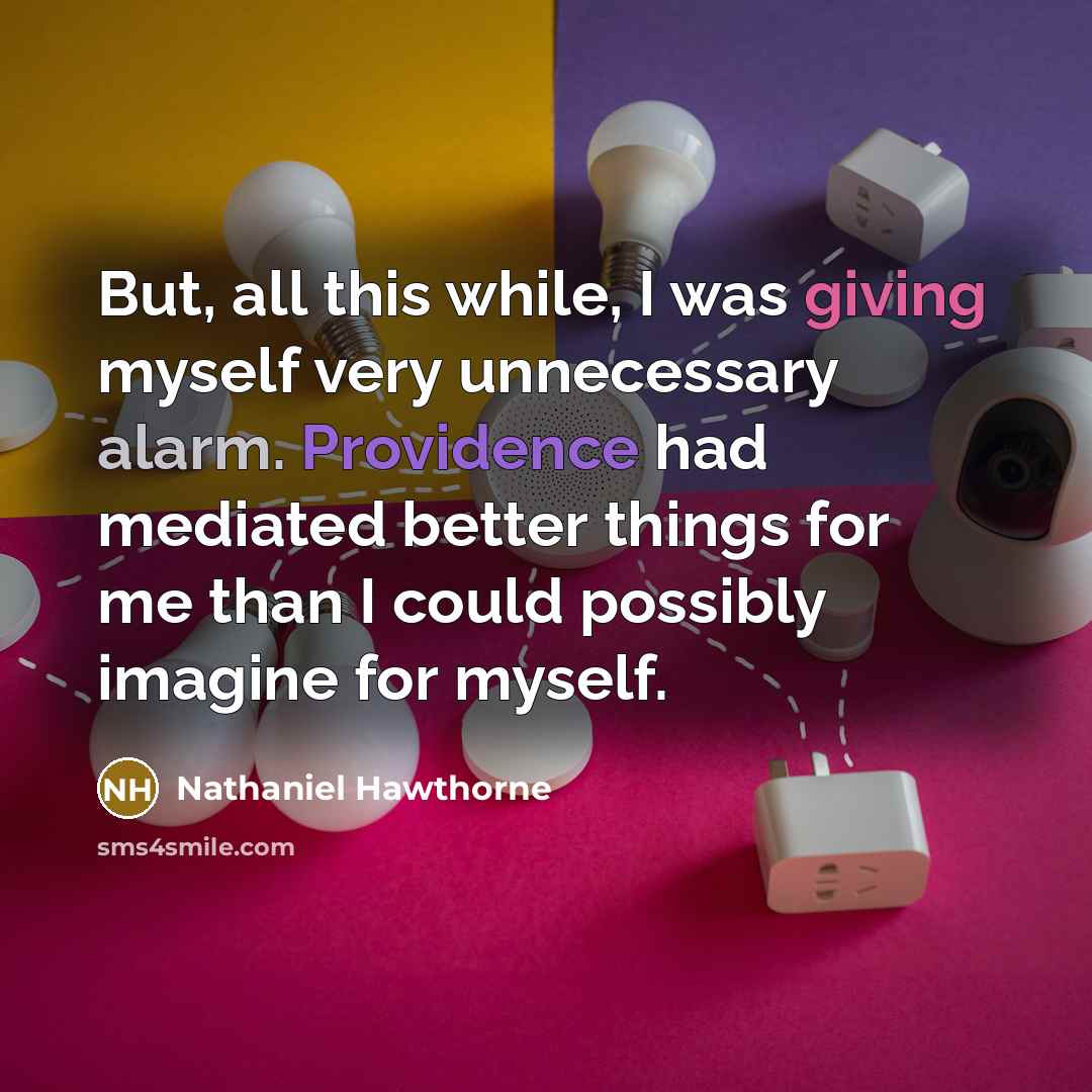 “But, all this while, I was giving myself very unnecessary alarm. Providence had mediated better things for me than I could possibly imagine for myself.” quote by Nathaniel Hawthorne